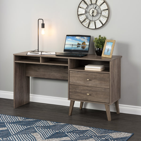Mercury Row Alyssa Mid Century Modern Computer Desk With Side Storage And 2 Drawers, Black